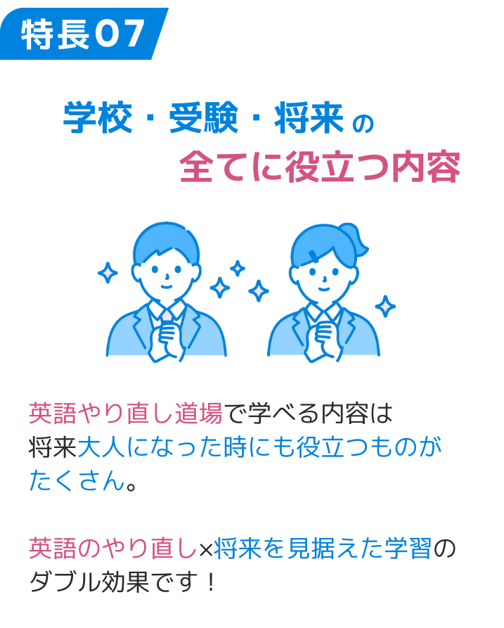 特長07 学校・受験・将来の全てに役立つ内容 英語やり直し道場で学べる内容は 将来大人になった時にも役立つものが たくさん。 英語のやり直し×将来を見据えた学習のダブル効果です！