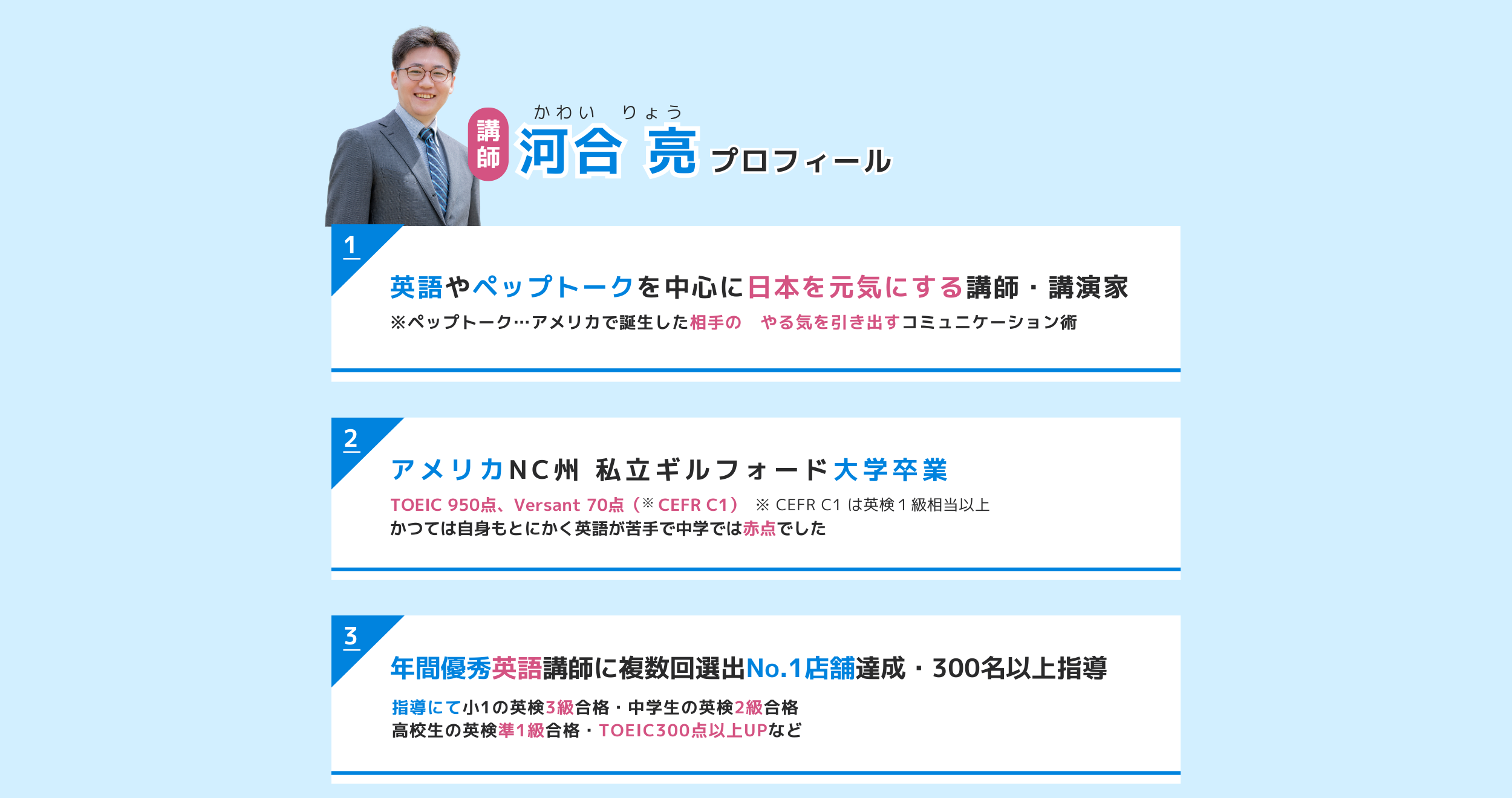 講師　河合亮（かわいりょう）プロフィール　 1.英語やペップトークを中心に 日本を元気にする講師・講演家 ※ペップトーク…アメリカで誕生した相手のやる気 　　　　　　　　を引き出すコミュニケーション術 2.アメリカNC州 私立ギルフォード大学卒業 TOEIC 950点、Versant 70点（CEFR C1） CEFR C1は英検1級相当以上。 かつては自身もとにかく英語が苦手で中学では赤点でした 3.年間優秀英語講師に複数回選出 No.1店舗達成・300名以上指導 指導にて小1で英検3級合格・中学生で英検2級合格・高校生で英検準1級合格・TOEICで300点以上UPなど