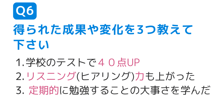 Q6得られた成果や変化を3つ教えて下さい 学校のテストで４０点UP リスニング(ヒアリング)力も上がった 定期的に勉強することの大事さを学んだ